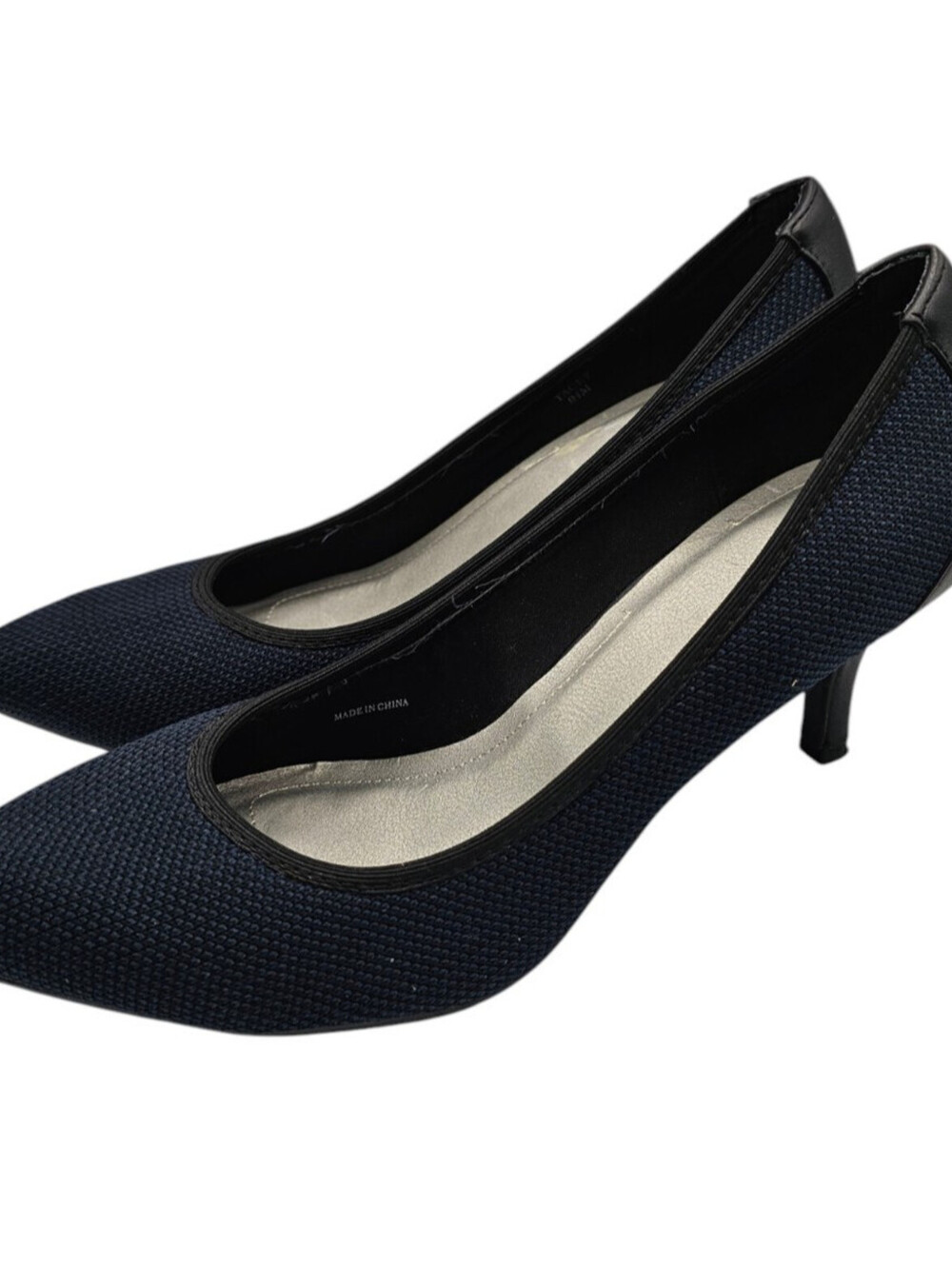 Tahari Tacey Womens Sz 9.5 Pointed Toe Knit Stiletto Pumps Dark Blue Black Trim